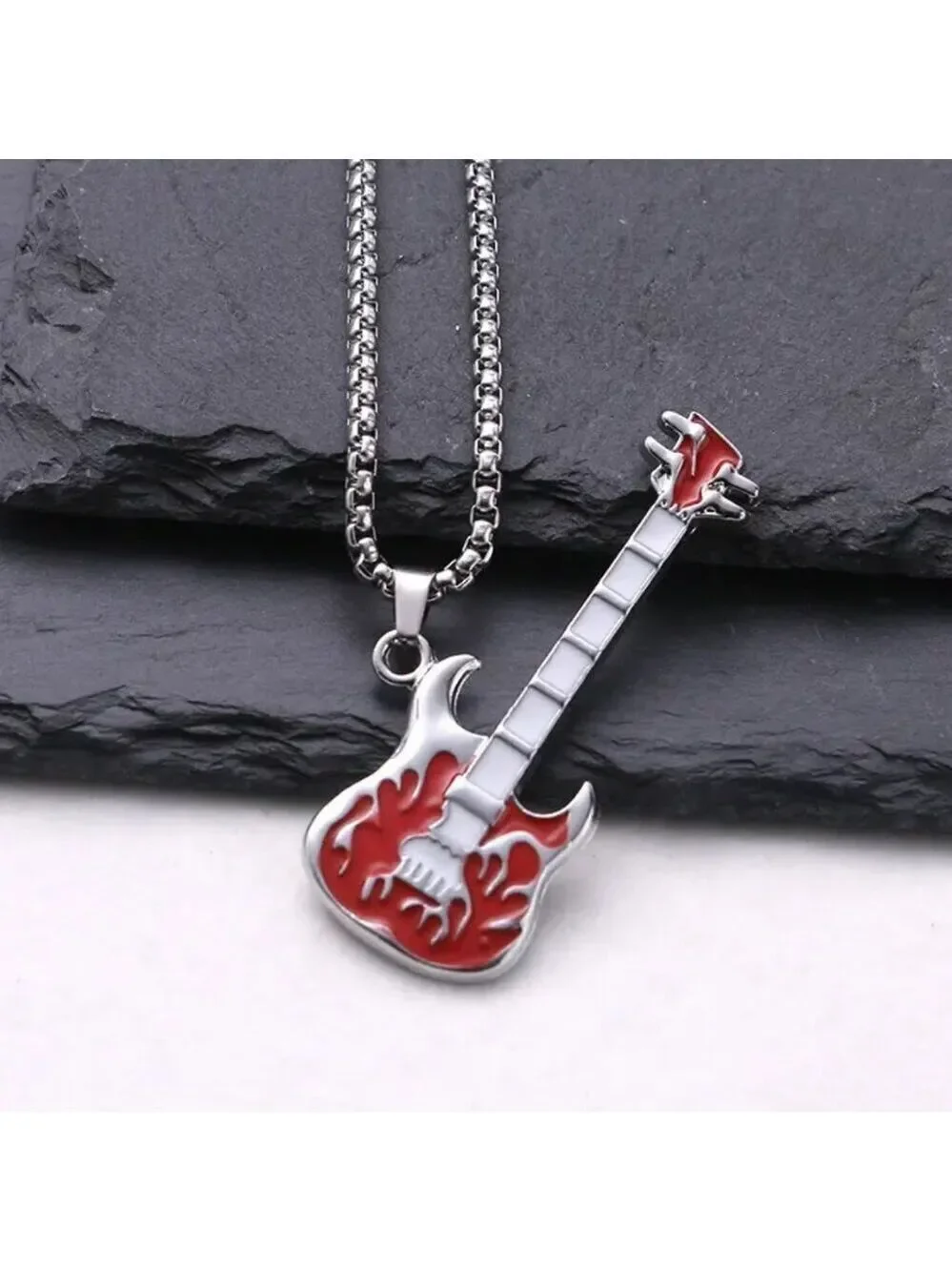 Royal Blue Flaming Guitar with White Neck Rocker Necklace and Pendant 1559